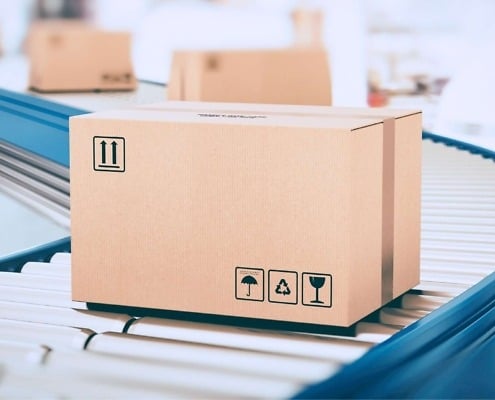 package on top of roller conveyor